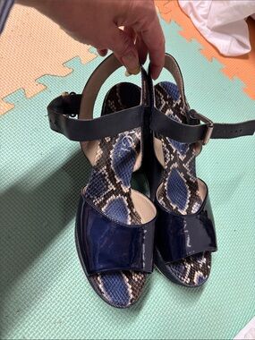 Agl Navy Patent Sandals with Snake-Print Insole